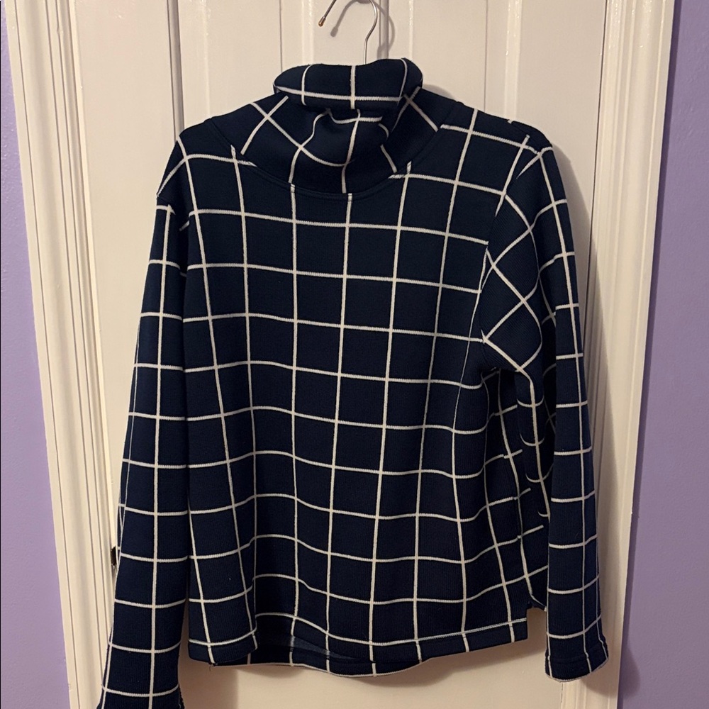 J. Crew Factory Navy and White Grid Turtleneck Sweater